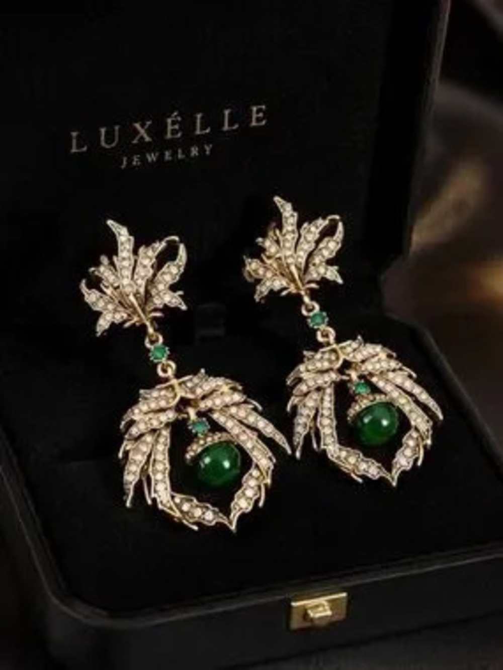 Emerald Green Gemstone Gold Floral Crystal Earrings